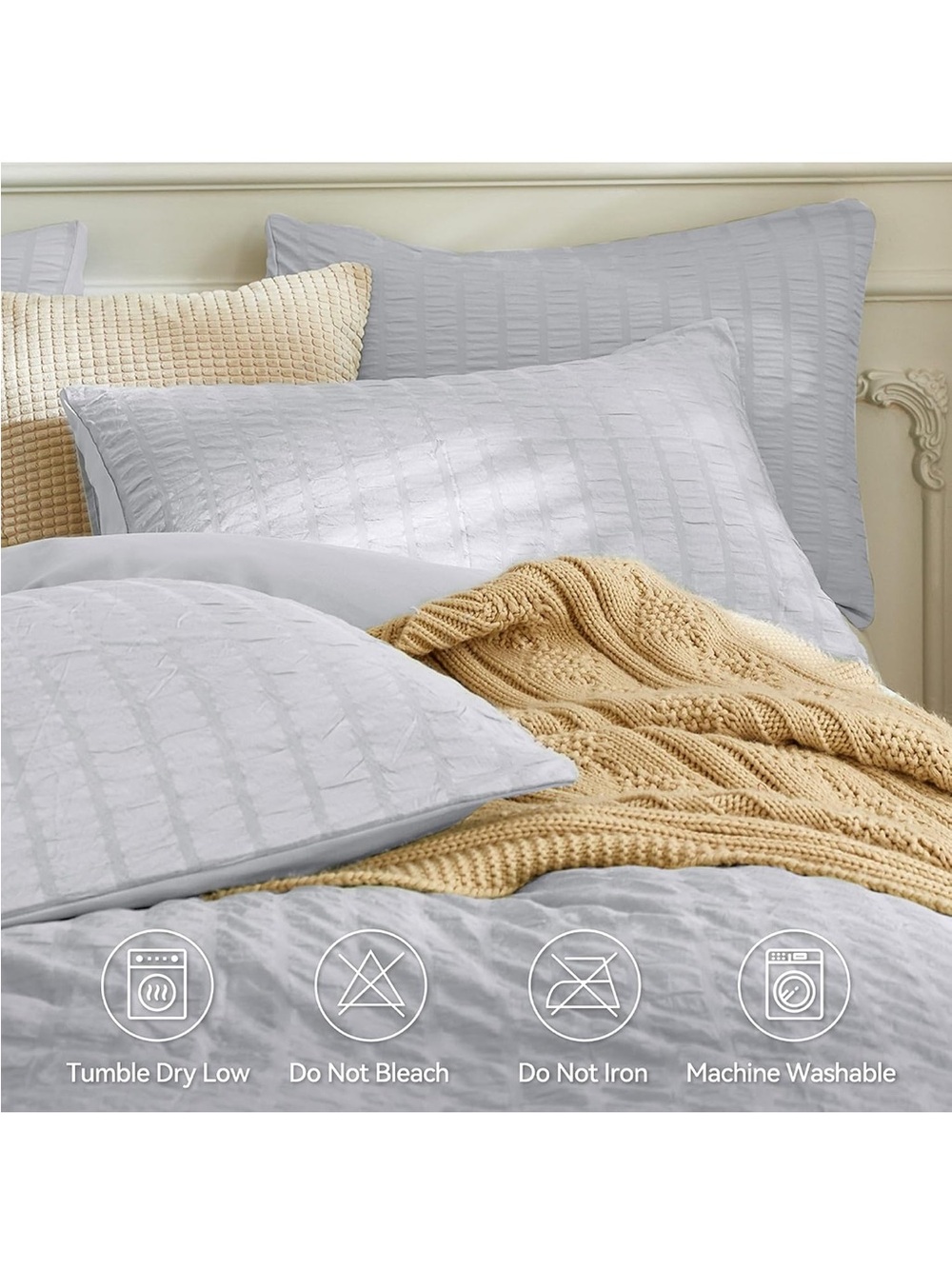 NEW JELLYMONI Light Grey Seersucker Cotton Duvet Cover Set Full, Soft Breathable - Picture 4 of 6